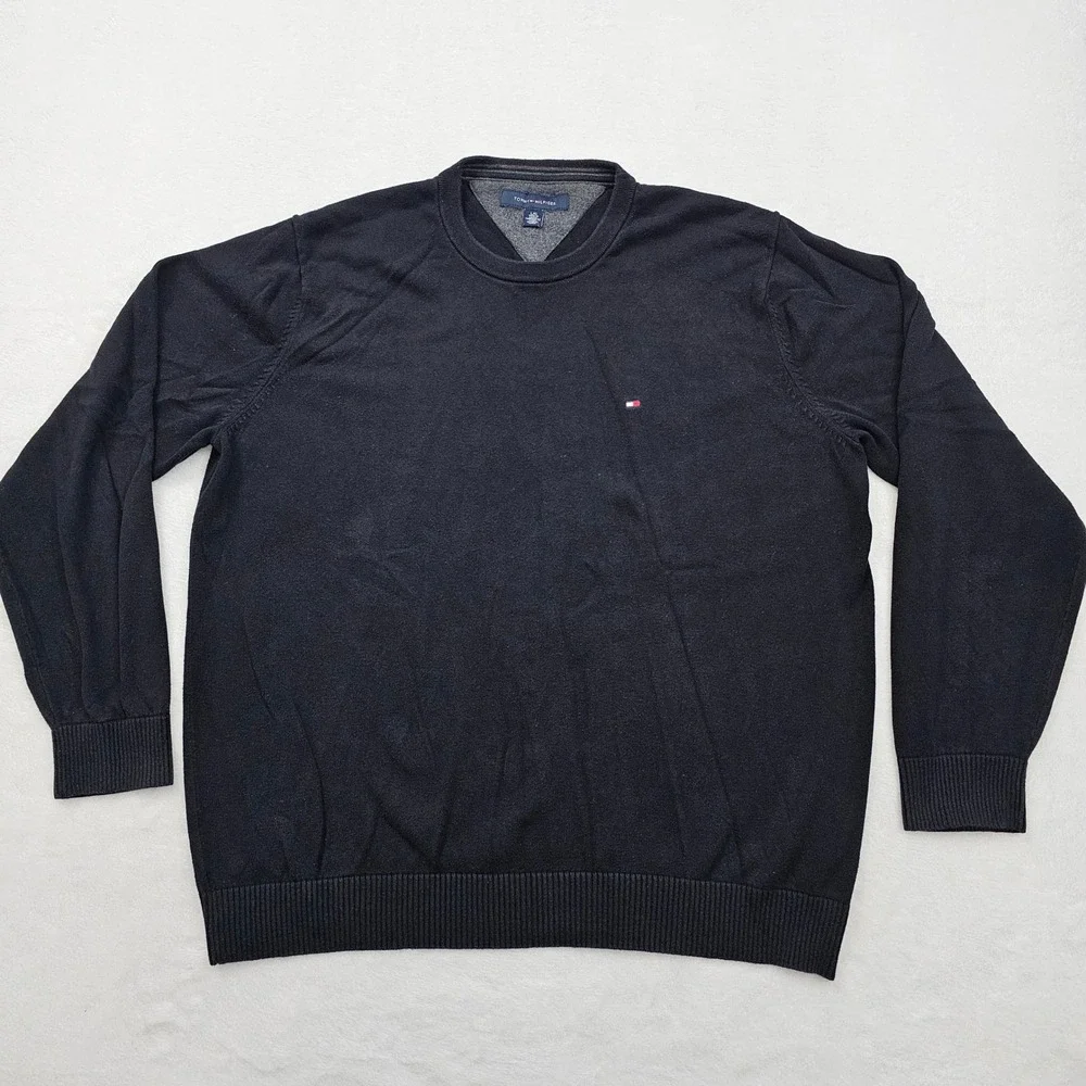 Tommy Hilfiger Sweater Mens Large Black Crewneck Logo Pullover Preppy Minimalist